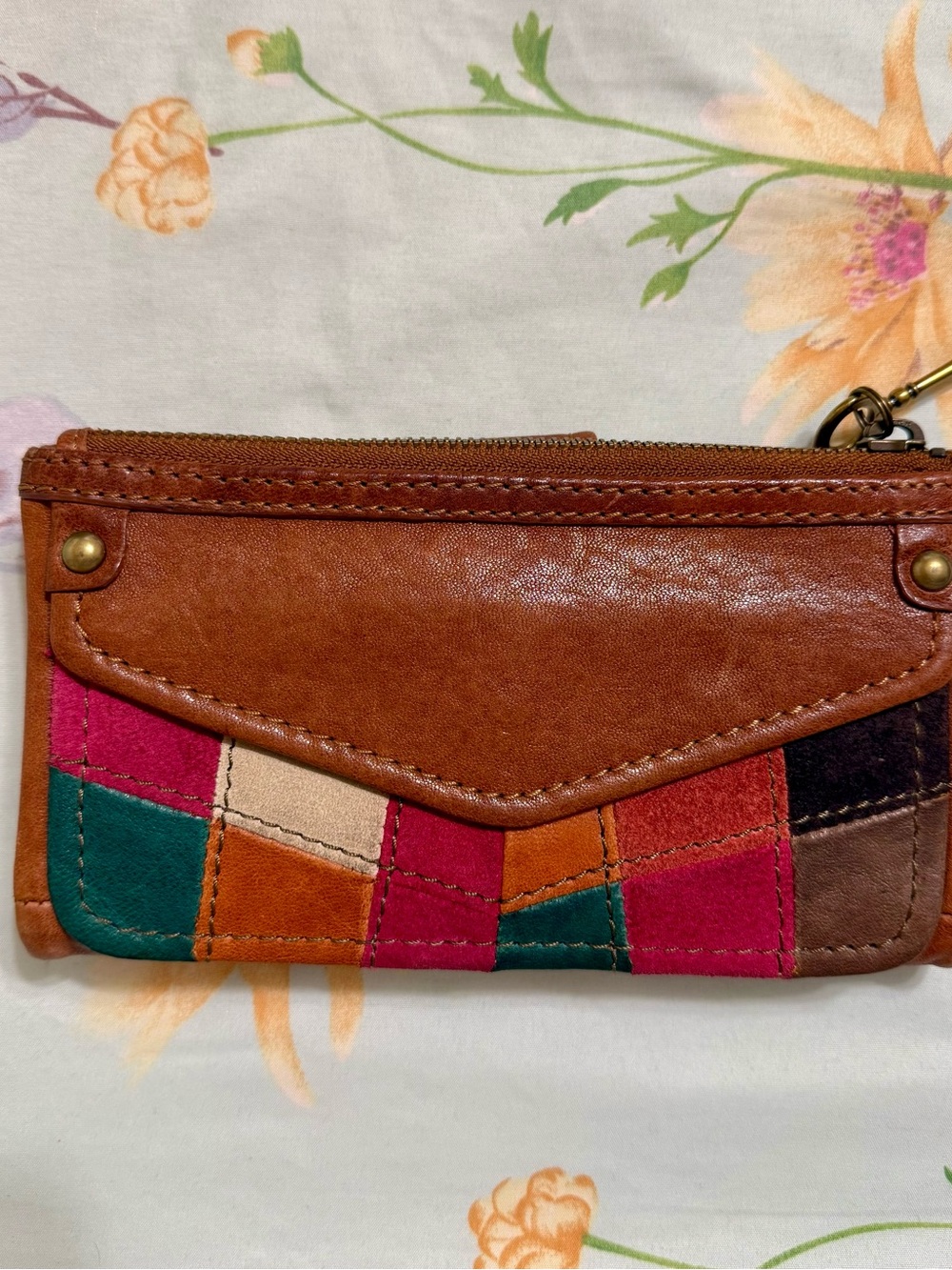 Fossil Brown Leather Patchwork Wristlet Wallet with Multicolor Panels